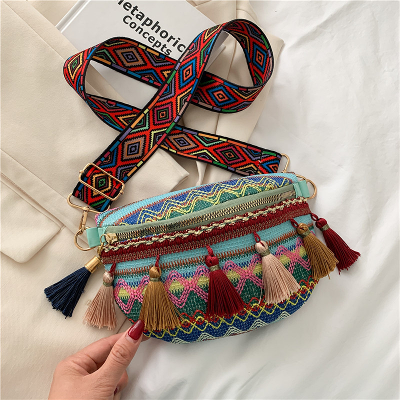Bolso de mujer nueva pequeña fragancia bolso de pecho tejido estilo nacional de viento de color de choque bordilla nuevo cinturón de color retro bolso de cintura bolso de mochila