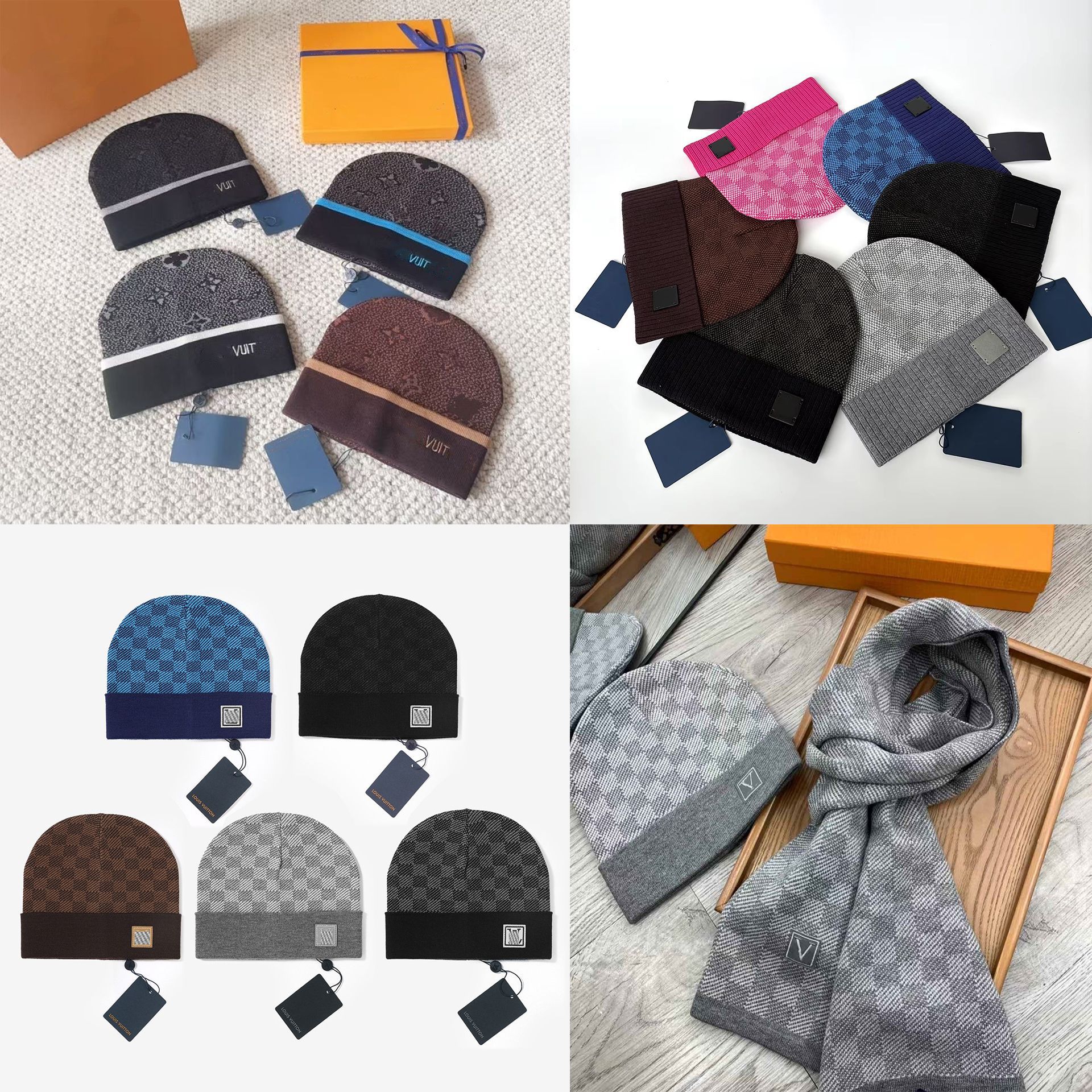 L Brand Monogram Plaid Cross-Border Trendy Scarf and Hat Two-Piece Set Winter Warm V Letter Casual Ear-Protecting Knitted Hat