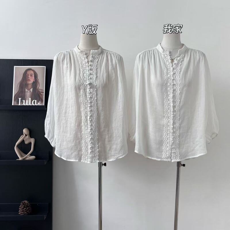 Fuyu 100% ramie A-line white stand-up collar shirt for women, autumn French lace splicing lace trim three-quarter sleeve top