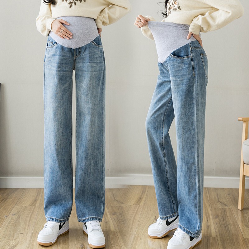 Real shot pregnant women's pants 2024 autumn and winter washed light blue loose pregnant women's wide leg pants plus size straight trousers