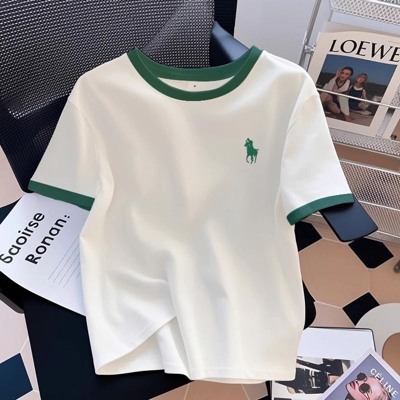 2026 Summer New Style White Regular Shoulder Pure Cotton Cartoon Print Short Sleeve T-Shirt for Women with Color Block Design Loose Top