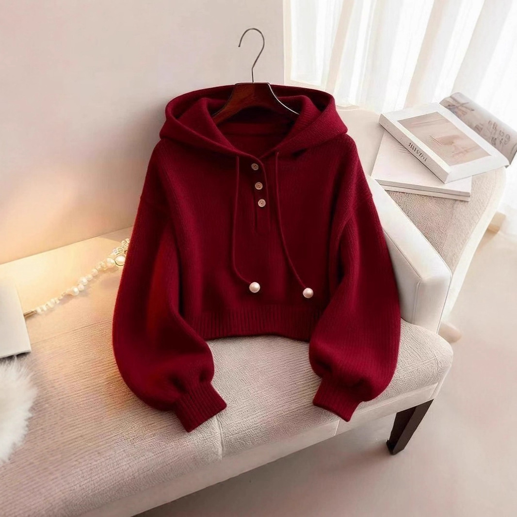 Popular Red Cardigan Hooded Knitted Sweater Design for Women in Autumn and Winter Loose Lazy Style Thickened Warm Top