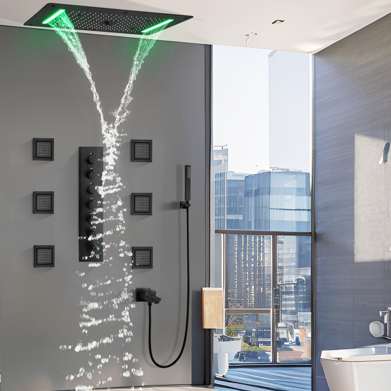 Bathroom ceiling concealed LED shower top spray 700*380mm black constant temperature massage shower faucet suit