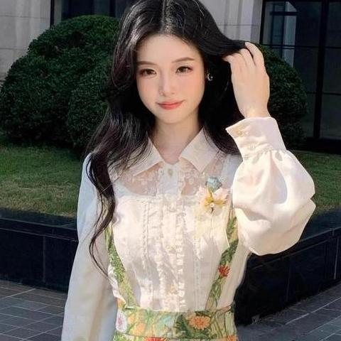 油画氛围法式复古长袖衬衫高腰显瘦背带长裙两件套套装