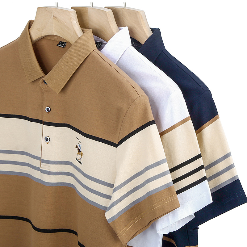 Pearl Cotton Shirt Short Sleeved T-Shirt With Lapel Collar, Casual Stripes, Youth Fashion Polo Shirt, Men's T-Shirt_voghion.com