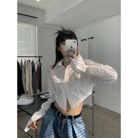 短款长袖白色衬衫女早秋装设计感小众打底衫衬衣宽松显瘦上衣外贸