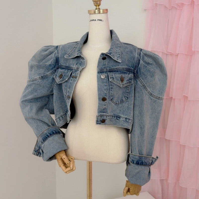 Korean Style Washed Retro Fresh Elegant High-End Puff Sleeve Short Denim Jacket Casual Versatile Slim Fit Top Korean Style Washed Retro Fresh Elegant High-End Puff Sleeve Short Denim Jacket Casual Versatile Slim Fit Top