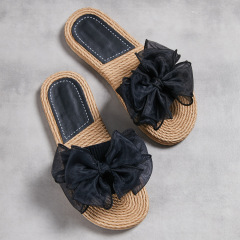 一字女士拖鞋麻繩草編夏季新款室外日系蝴蝶結拖鞋外穿平底跟套腳