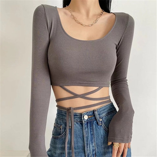 Tie Rope Lace Base Shirt Long-sleeved Women's 2021 Autumn New Solid Color Round Neck Slim T-shirt for Women