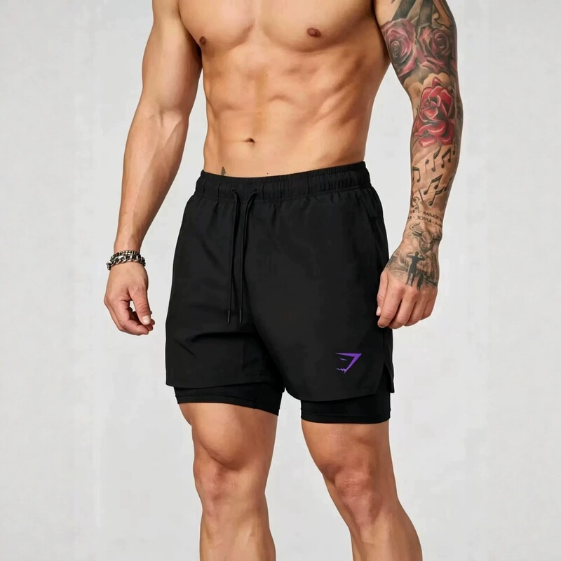 GYMSHARK Men's Shorts 2-in-1 Double Layer Shorts Muscle Sports Training Fitness Casual Loose Printed Shorts