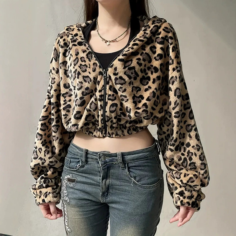 Cross-Border Amazon Leopard Print Hooded Zipper Jacket European and American Independent Long-Sleeved Plush Sweatshirt Jacket for Women 9079 #