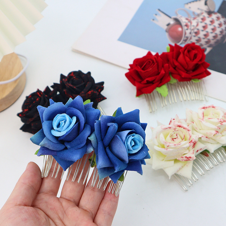 Amazon nuevo peine de pelo de rosa de simulación de Halloween ambiente festivo fiesta fiesta de baile vestir metal peine accesorios para el cabello