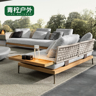 Outdoor Rattan Sofa Combination Terrace Outdoor Courtyard Open-Air Garden Villa Sun Protection Waterproof Coffee Table Teak Furniture