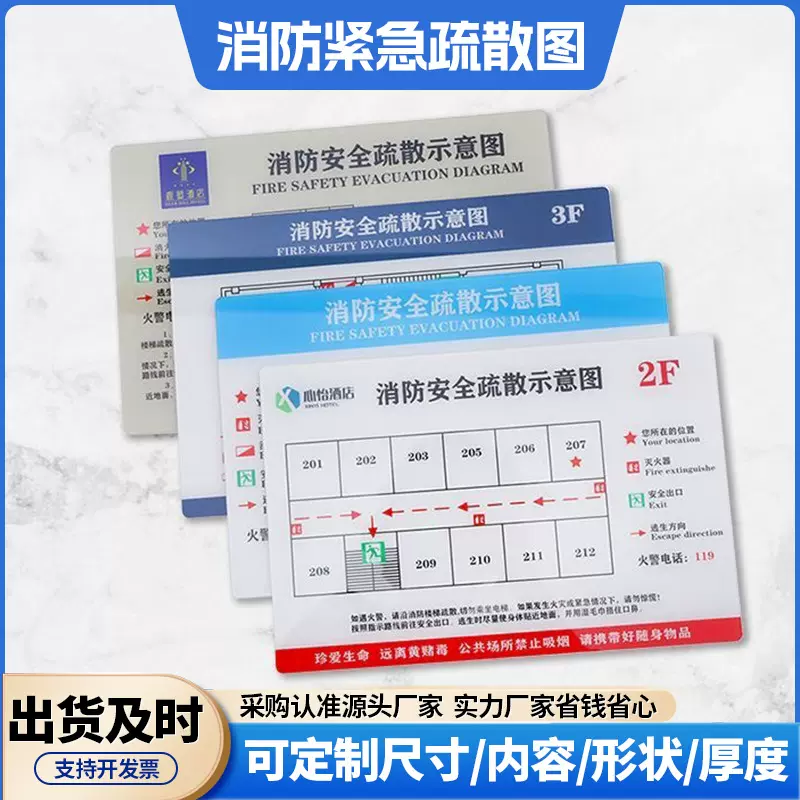 消防安全疏散示意图定制车间酒店平面指示图逃生警示应急标识