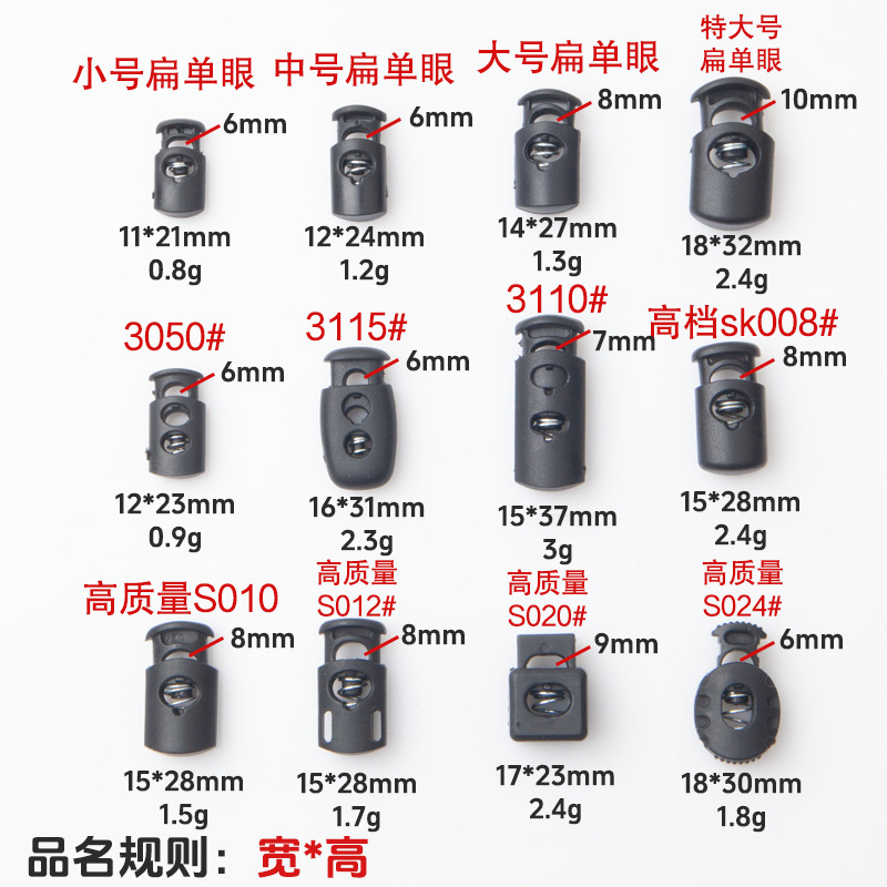 现货供应 黑白色透明色尼龙弹簧扣 单孔椭圆塑料绳扣 箱包配件