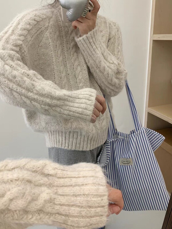 韩系温柔风麻花圆领套头毛衣女秋冬新款软糯百搭针织衫上衣女1346|undefined
