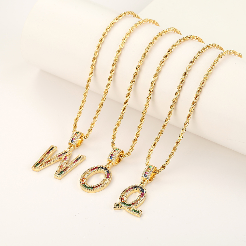 Hip Hop Color Zircon 26 English Letter Copper Necklace
