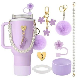 Cross-border Stanley application pearl chain portable rope begonia flower straw cap silicone cup set fur ball small flower pendant