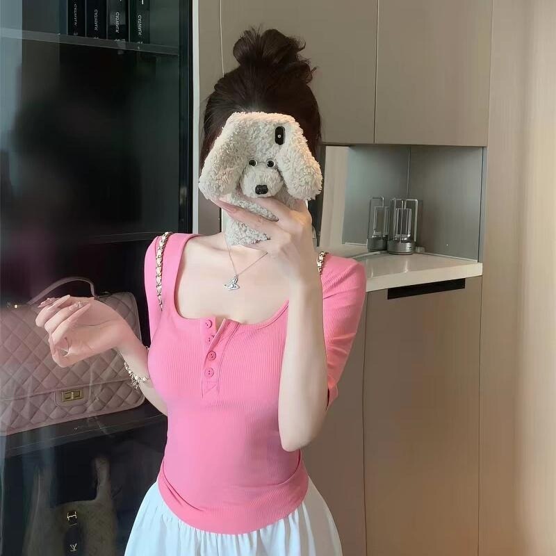 260g Premium Cotton Ribbed Fabric 46% Cotton 46% Viscose 8% Spandex】Hot Girl Style Henry U-Neck Short-Sleeve T-Shirt for Women, Summer Slim-Fit Top 260g Premium Cotton Ribbed Fabric 46% Cotton 46% Viscose 8% Spandex】Hot Girl Style Henry U-Neck Short-Sleeve T-Shirt for Women, Summer Slim-Fit Top