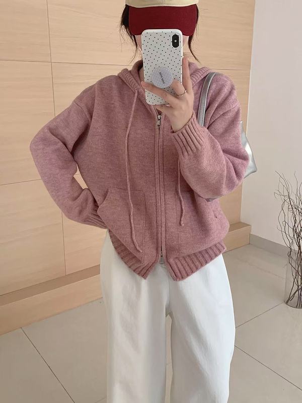 秋冬新款设计感抽绳连帽双拉链口袋休闲针织开衫女简约百搭外套|undefined