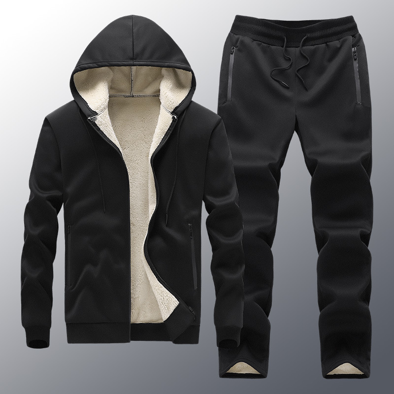 Lamb Velvet Middle-Aged and Elderly Sports Suit Men's Winter Thickeneded Velvet Hooded Casual Cardigan Jacket with Casual Pants Lamb Velvet Middle-Aged and Elderly Sports Suit Men's Winter Thickeneded Velvet Hooded Casual Cardigan Jacket with Casual Pants