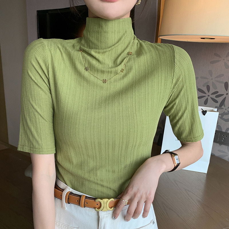 H342 生放送人気半袖 Tシャツ新しい女性のトップスハーフタートルネック五分袖サンシェードボトリングシャツ服女性のための|undefined