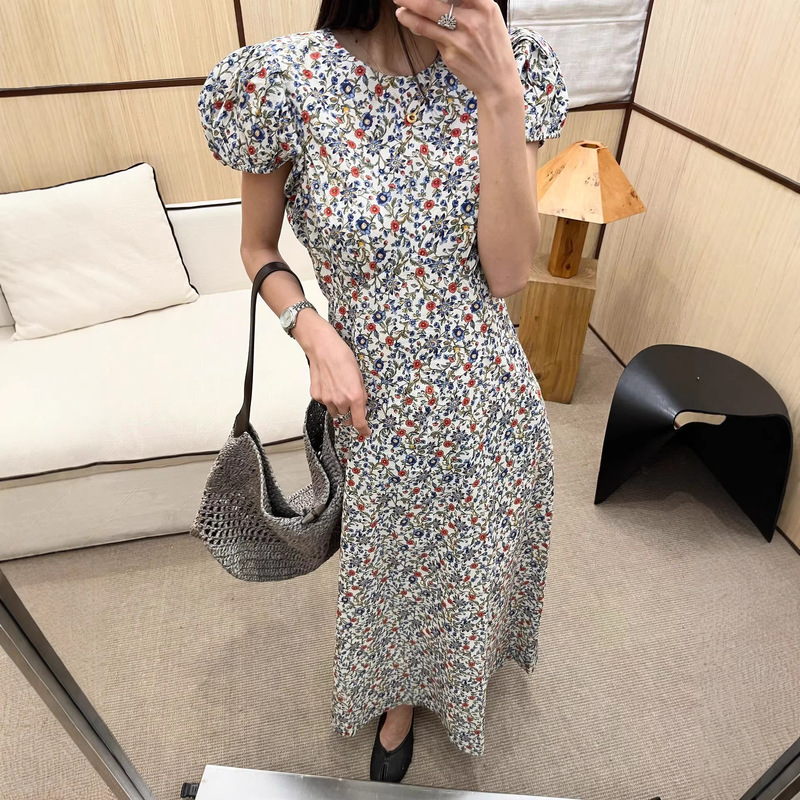 Pastoral Floral Round Neck Dress Cotton Puff Sleeve Romantic Style Slim Long Dress 26 Spring and Summer New Women's Dress