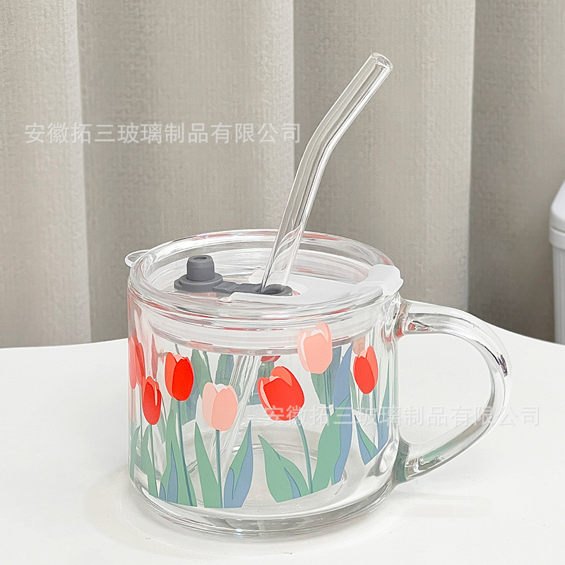 Taza de leche con tapa Taza de pajita Calefacción doméstica con cuchara Taza de impresión linda Taza de desayuno INS Taza de avena Estilo ins