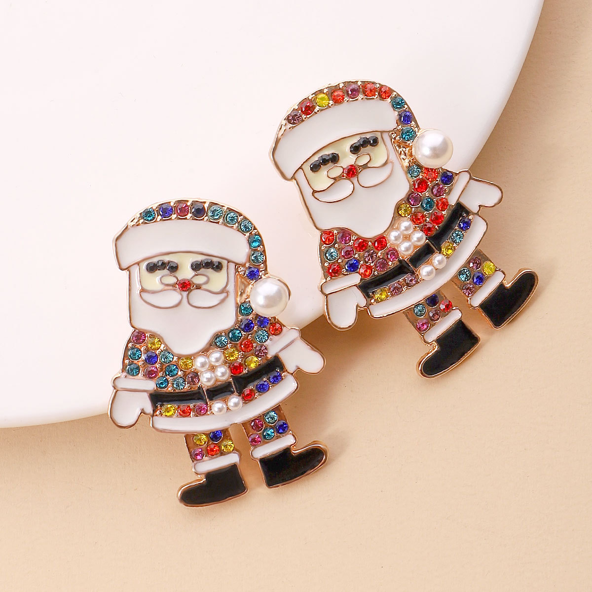 1 Pair Quantity Party, Festival Occasion 1 Pair Christmas Cute Santa Claus Enamel Inlay Metal Rhinestones Pearl Ear Studs