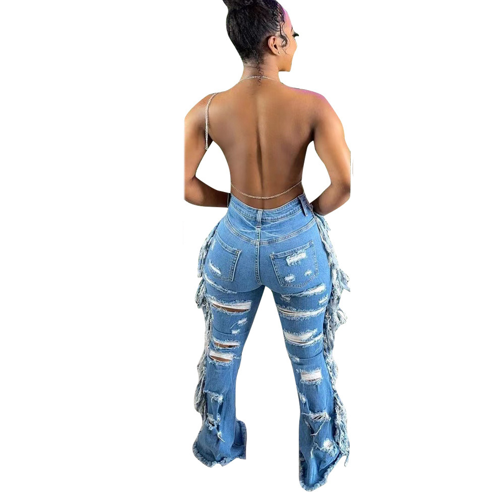 Vintage jeans med hög midja för damer med fransad kant_voghion.com