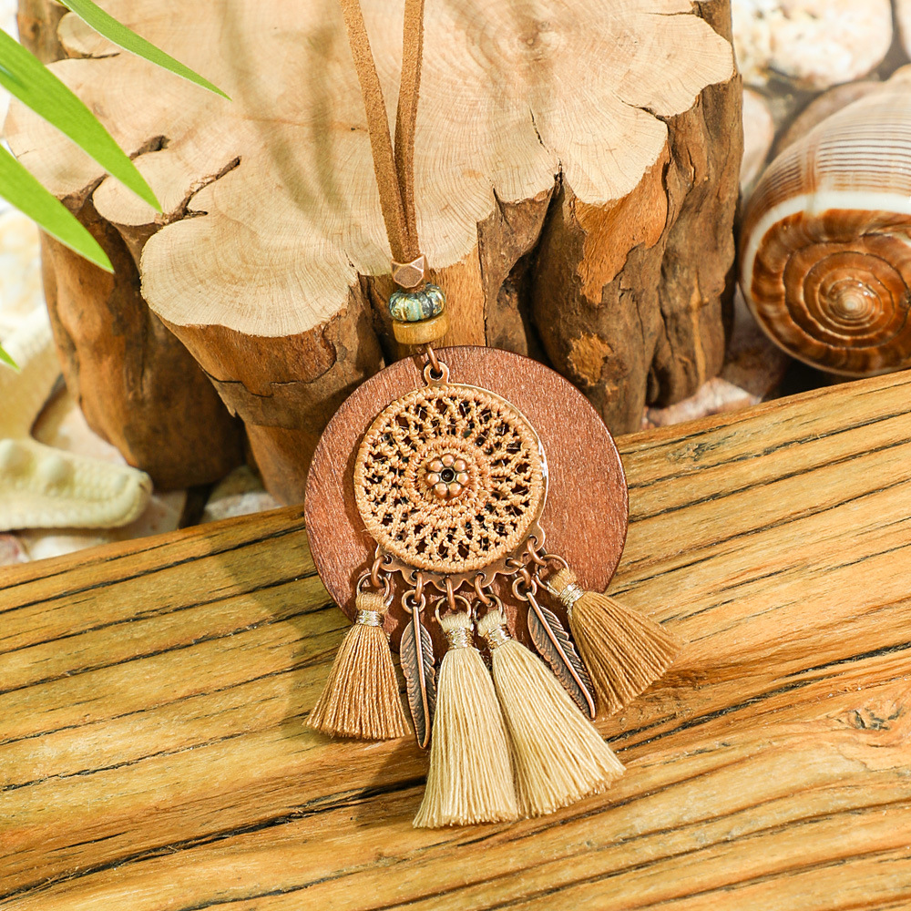 Bohemia Dream Catcher borla pendientes collar de madera estilo étnico largo borla colgante accesorios suéter cadena