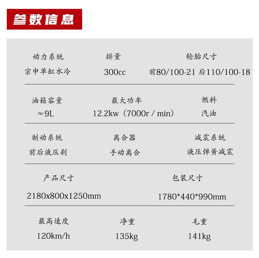 Export Version of Zongshen Water-Cooled 300Cc New Water-Cooled Off-Road Fuel Motorcycle High-Speed Climbing Mountain Stunt Car