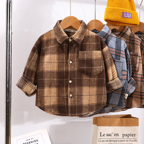 Children's Fall Long-Sleeve Shirt  Casual Medium and Large Kids Plaid Collared Shirt for Boys and Girls, Stylish and Trendy