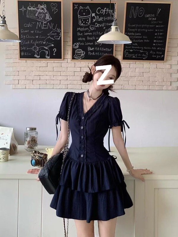 甜美风气质花边V领连衣裙女装夏季a字裙子藏蓝色蛋糕裙小个子短裙|undefined