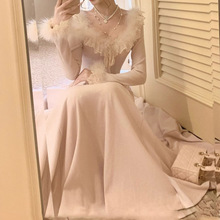 “雪绒莓莓”千金气质蕾丝花边驼鸟毛针织显瘦连衣裙