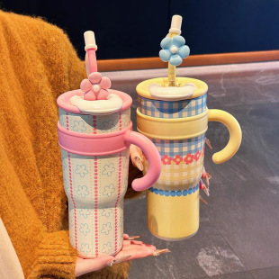 ✅ New 316 Ceramic Liner Thermos Cup, Giant Ice Cup, Double Drinking Straw Cup, Female High-Looking Water Cup