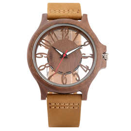 跨境现货 时尚休闲双面镂空数字面透明设计木质手表男 多色选腕表
