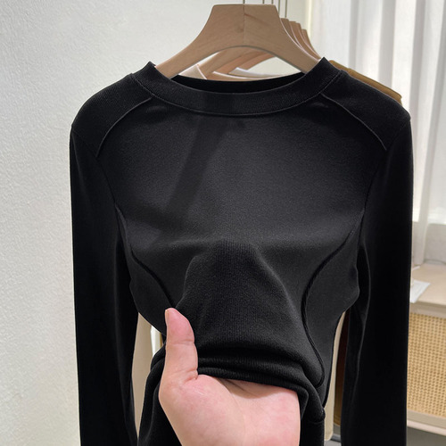 New Autumn/Winter Round-Neck Innerwear Fleece-Lined White Base Shirt for Women — Fashionable, Stylish, Slimming, Long-Sleeved T-Shirt Top