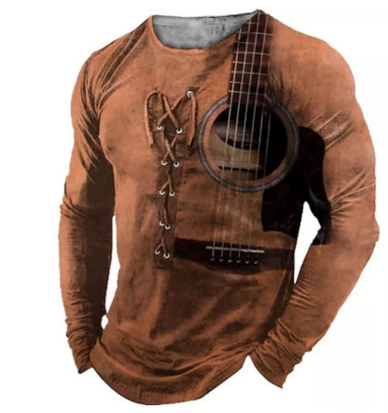2022 retro hombres 3D digital placket abierto de siete botones Camiseta de manga larga de los hombres de guitarra patrón transfronterizo estación independiente