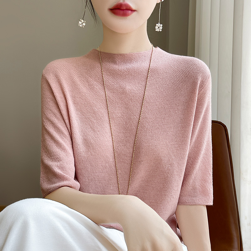 [Directly from the Manufacturer] Half Turtleneck Tencel Short-Sleeved T-Shirt for Women Summer New Fashion Pure Color Ice Silk Knitwear Trendy