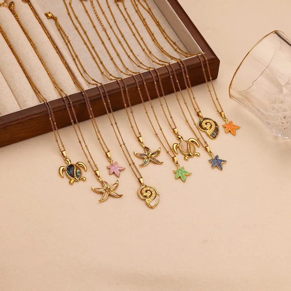 PVD Coated Gold Plating Process PVD Coated Real Gold Plated Tortoise Starfish Conch 304 Stainless Steel Vintage Style Marine Style Waterproof Non Tarnish 304 Stainless Steel Lobster Trigger Clasp Closure Pendant Necklace