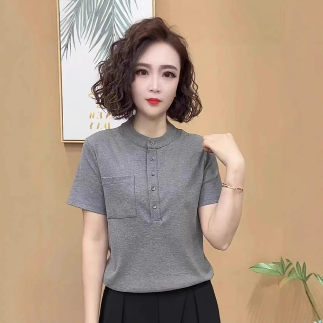 Летний новый стильный элегантный модный топ для мам с короткими рукавами и воротником-стойкой для женщин среднего и пожилого возраста, нижняя рубашка больших размеров