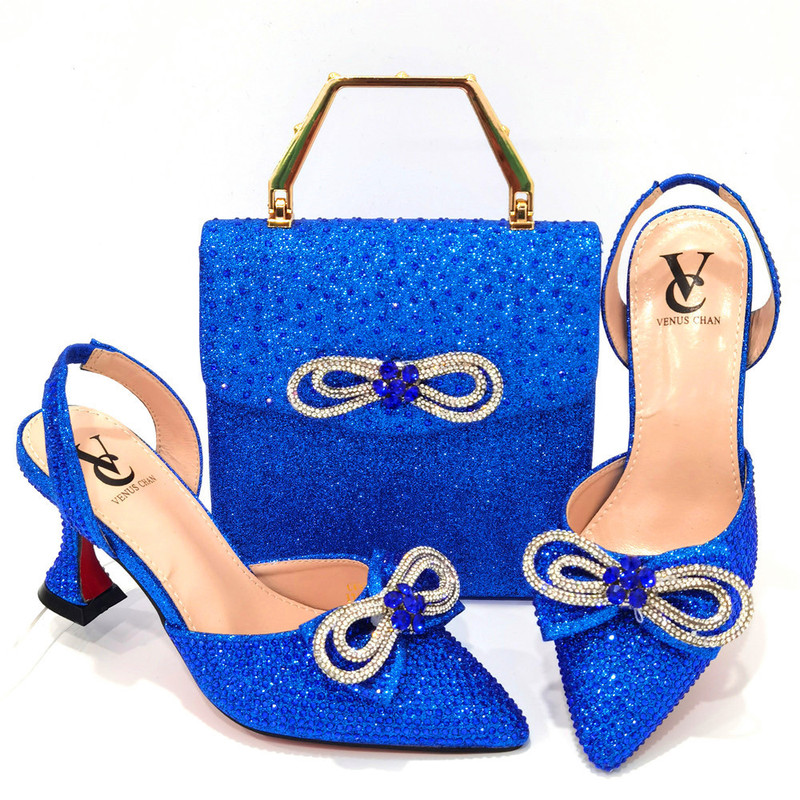 2022 cross-border Nigeria royal blue wedding pointed high heel shoes matching hand bag bow diamond chain