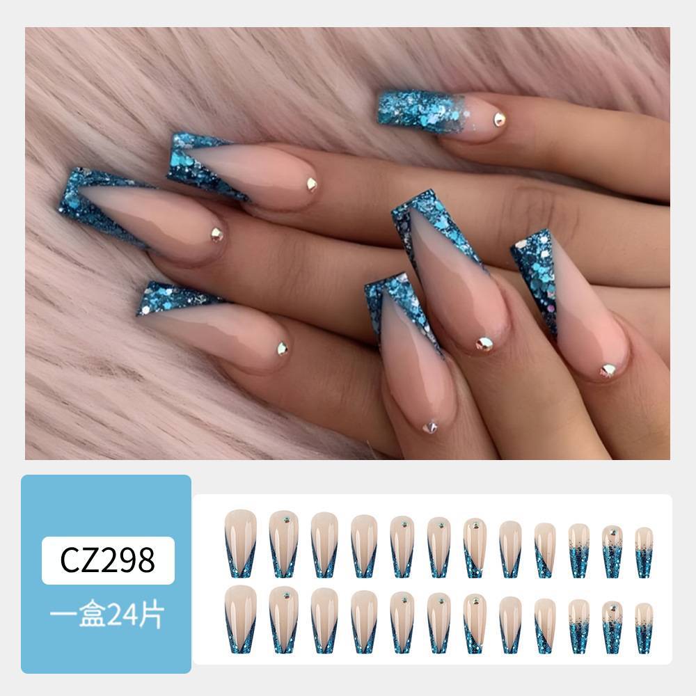 Polvo de brillo azul de mar profundo manicuría francesa comercio exterior perforación de moda dulce y fresca chica caliente estilo de vestir uñas 24 piezas de parche de uñas falsas
