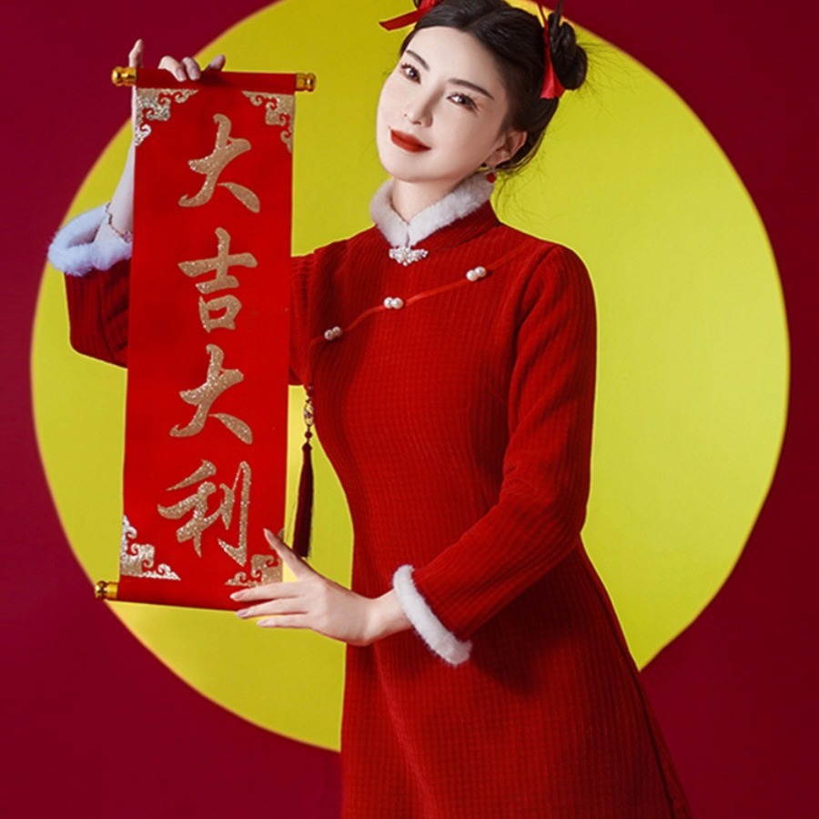 红色旗袍冬季新款2025年加厚小个子国风拜年服唐装短款新娘敬酒服