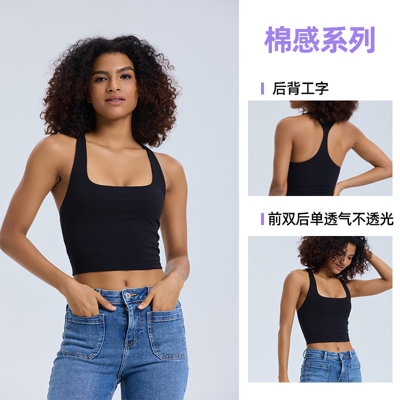 Nuevo chaleco de yoga de algodón transfronterizo europeo y americano, alto elástico, transpirable, delgado y ajustado con cuello en U, hermoso top deportivo con espalda