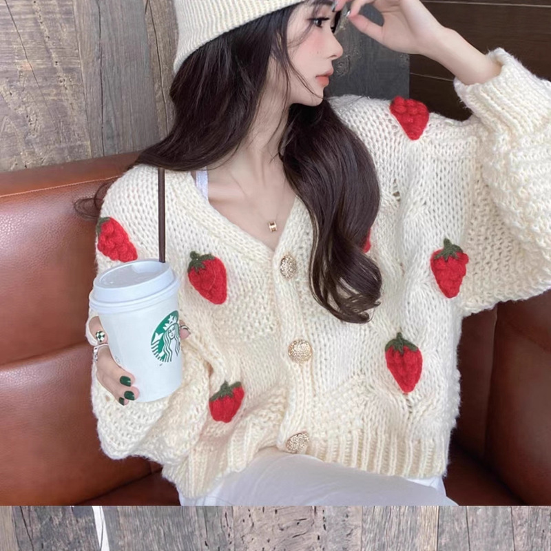 Sweet Strawberry Sweater Soft Waxy Cardigan Tops 2022 Autumn and Winter Loose Women's V-Neck Thick Wool Knitted Top