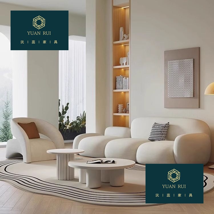 Modern Minimalist Cream-Style Fabric Sofa with Cloud-Shaped Cushions for a Light Luxury Homestay Living Room