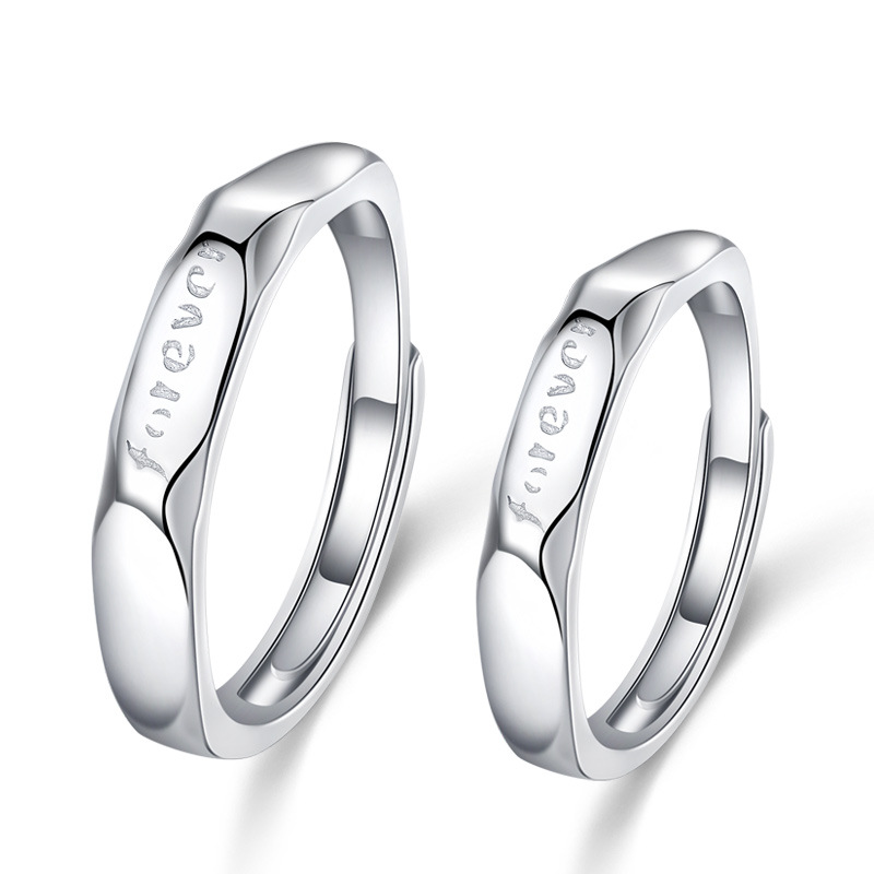 Japonés y coreano S925 plata esterlina joyería simple rombo geométrico letras inglesas anillo abierto hombres y mujeres pareja anillo