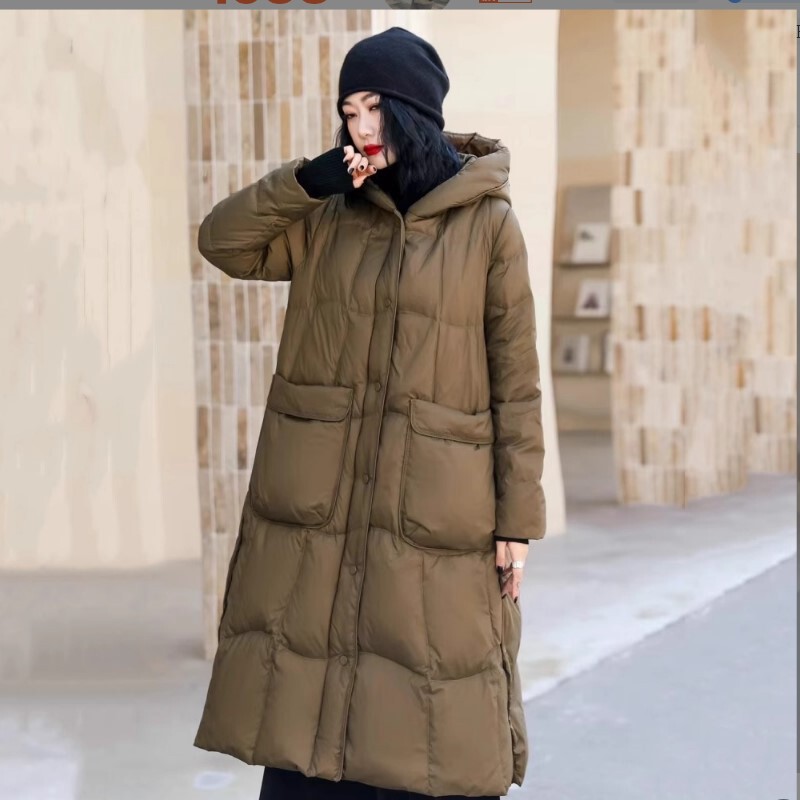 Simple Style White Duck down Jacket, Long Winter 90% down Hooded Korean Version Slim Fit Casual Fashion Large Pocket Coat